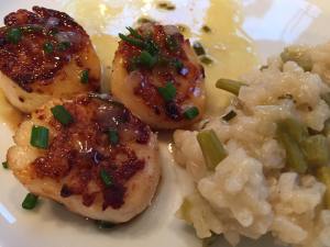 seared scallops, lemon asparagus risotto, and beurre blanc